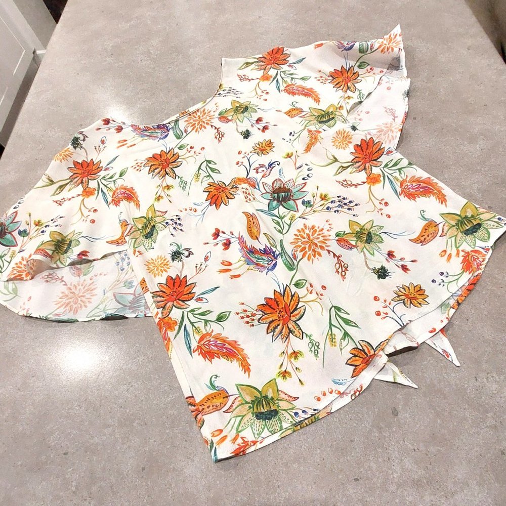 Women's Floral Flutter Sleeves Blouse with Cascading V-Back - Multi-Colors - SML